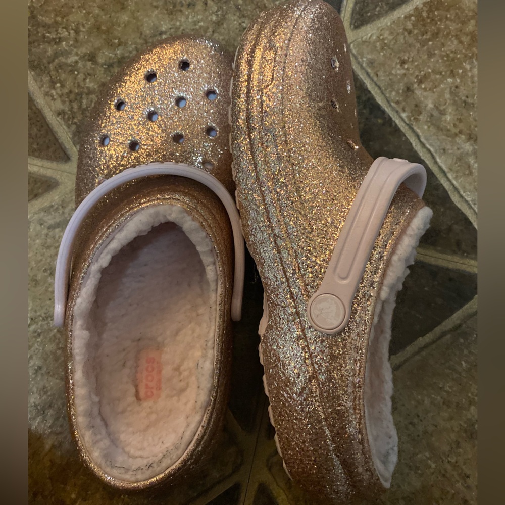 Gold Glitter Crocs with Pink Fur